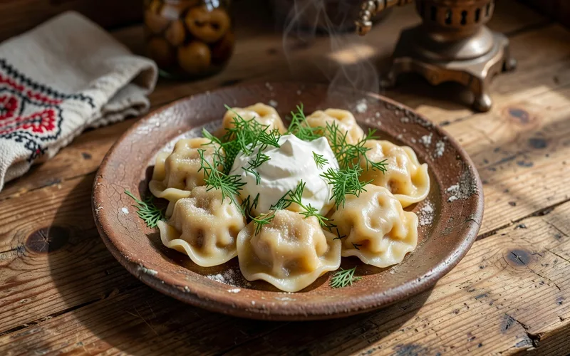 Blinis russes garnis de smetana et d'aneth frais, servis sur une assiette traditionnelle