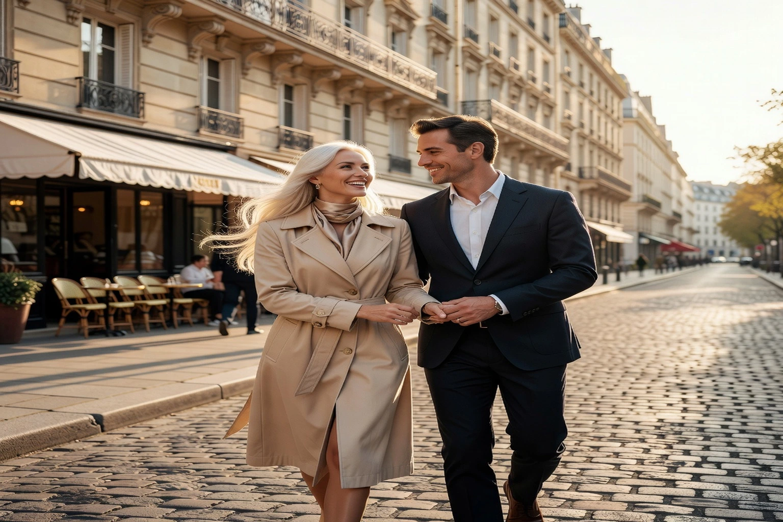 Couple franco-russe souriant marchant ensemble dans une rue parisienne ensoleillée
